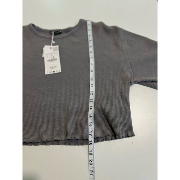 Zara Ribbed Cropped Long Sleeve Shirt New Large Grey Boho Flirty Staple Warm - Picture 6 of 7
